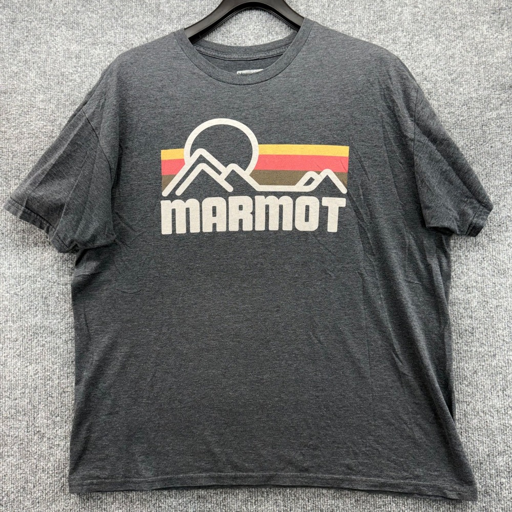 Marmot Mens Graphic T Shirt XL Extra Large Gray Mountains Sun Logo Short Sleeve‎